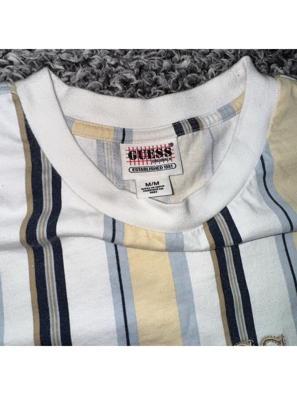 Guess Originals T Shirt Mens Medium Brown /navy Vertical Striped Embroidered Tee - Picture 2 of 5